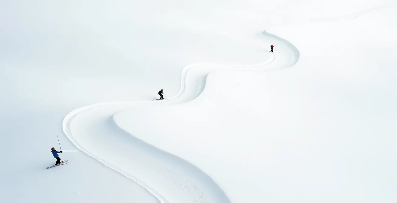 Aerial minimalist view of skiers creating tracks on pristine slope