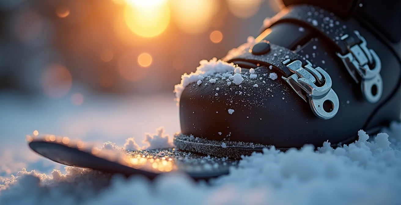 Macro detail of ski boot buckle with morning frost crystals in golden light