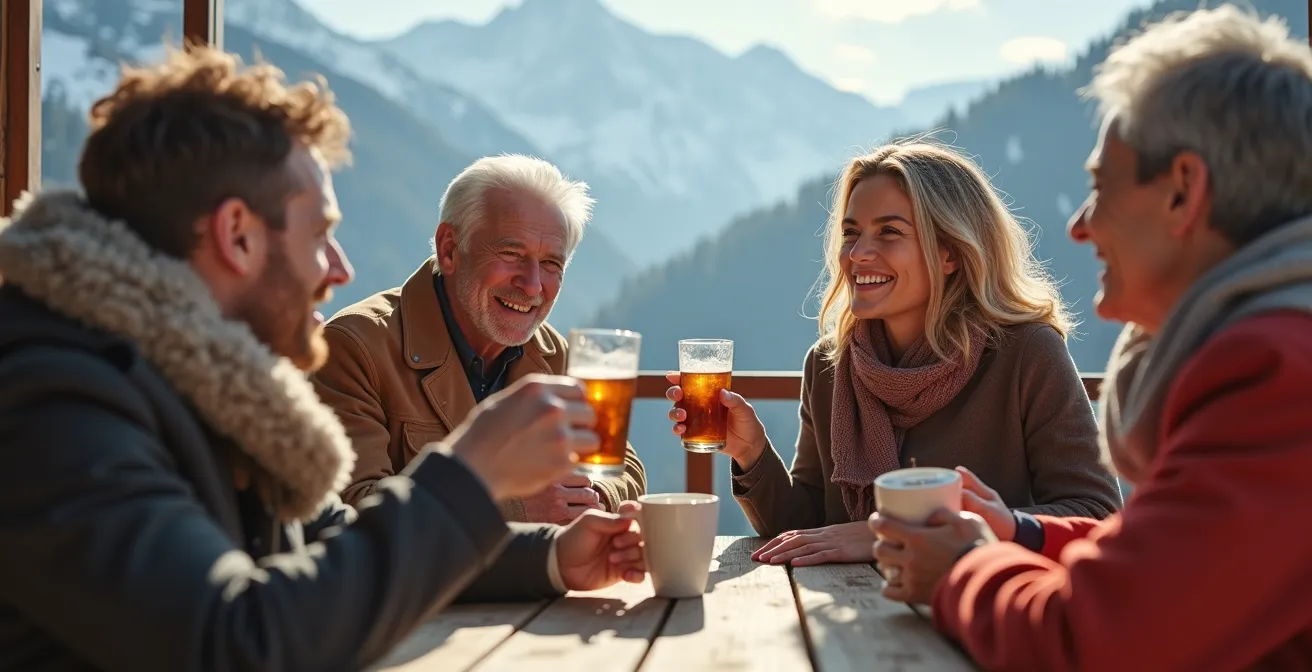 Family enjoying spontaneous lunch on sunny mountain terrace with ski equipment nearby