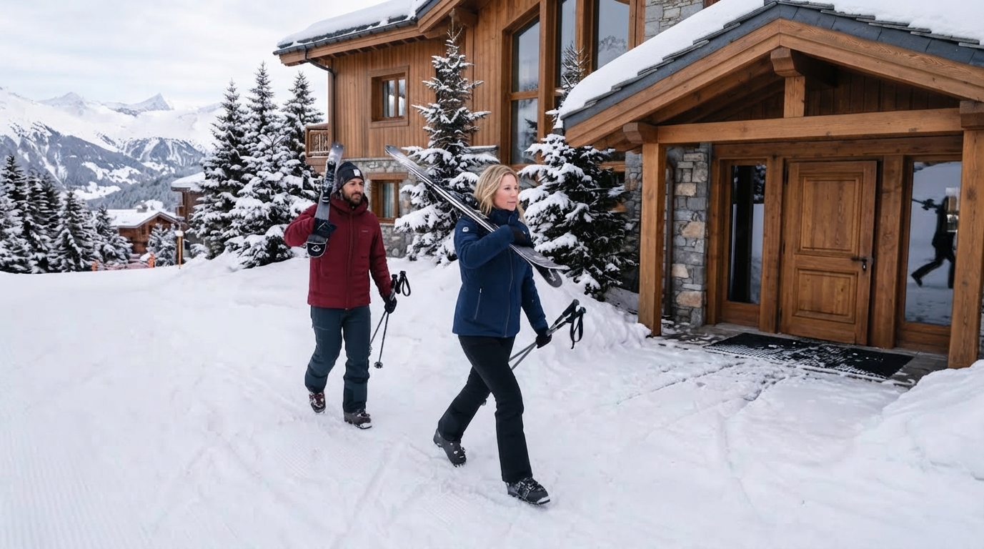 Skiers with equipment entering a ski-in/ski-out residence directly from the slopes in Courchevel