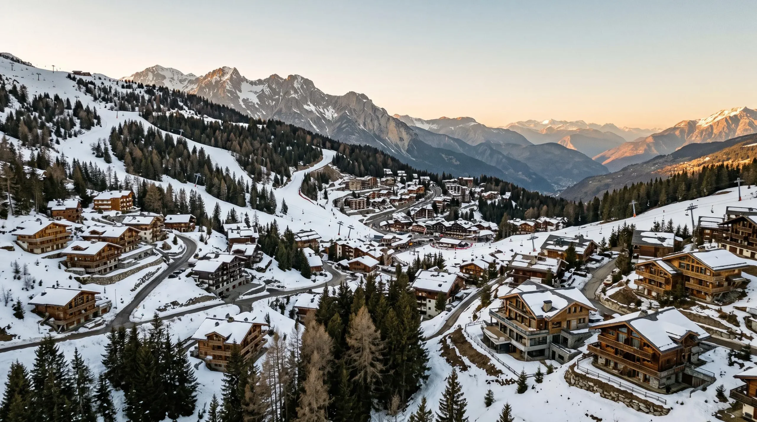 Aerial view of Courchevel village showing luxury alpine residences and ski infrastructure