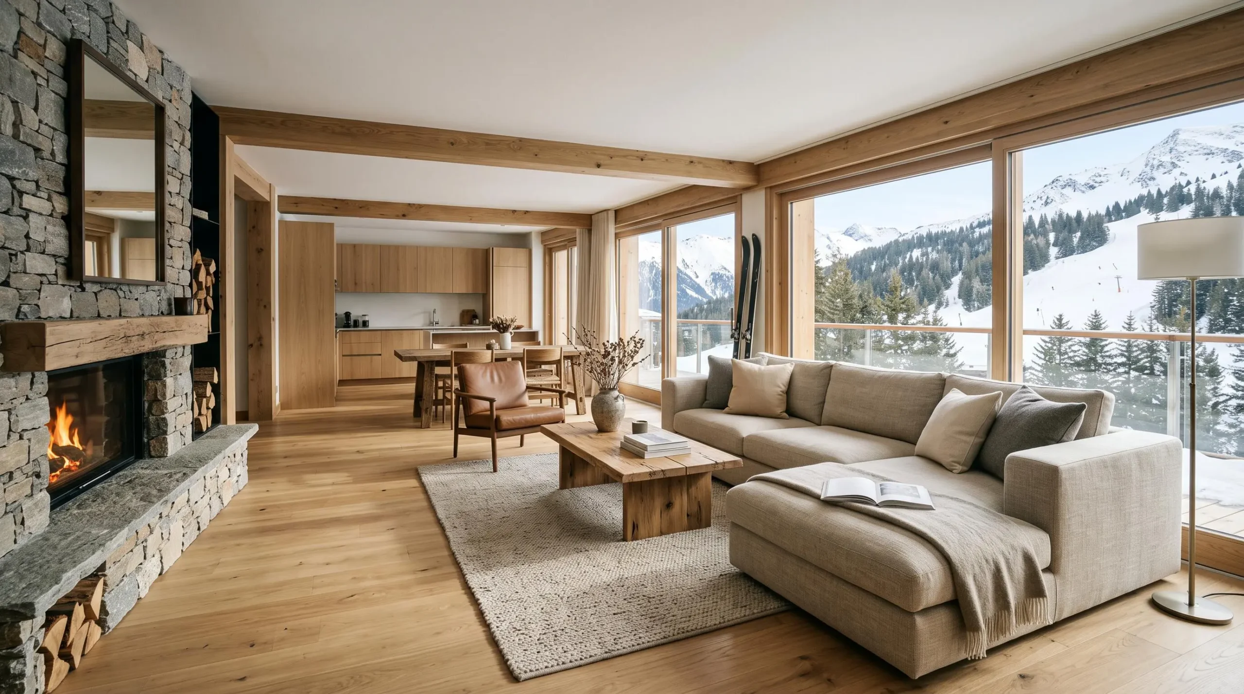 Interior of a luxury ski-in/ski-out apartment in Courchevel with mountain views