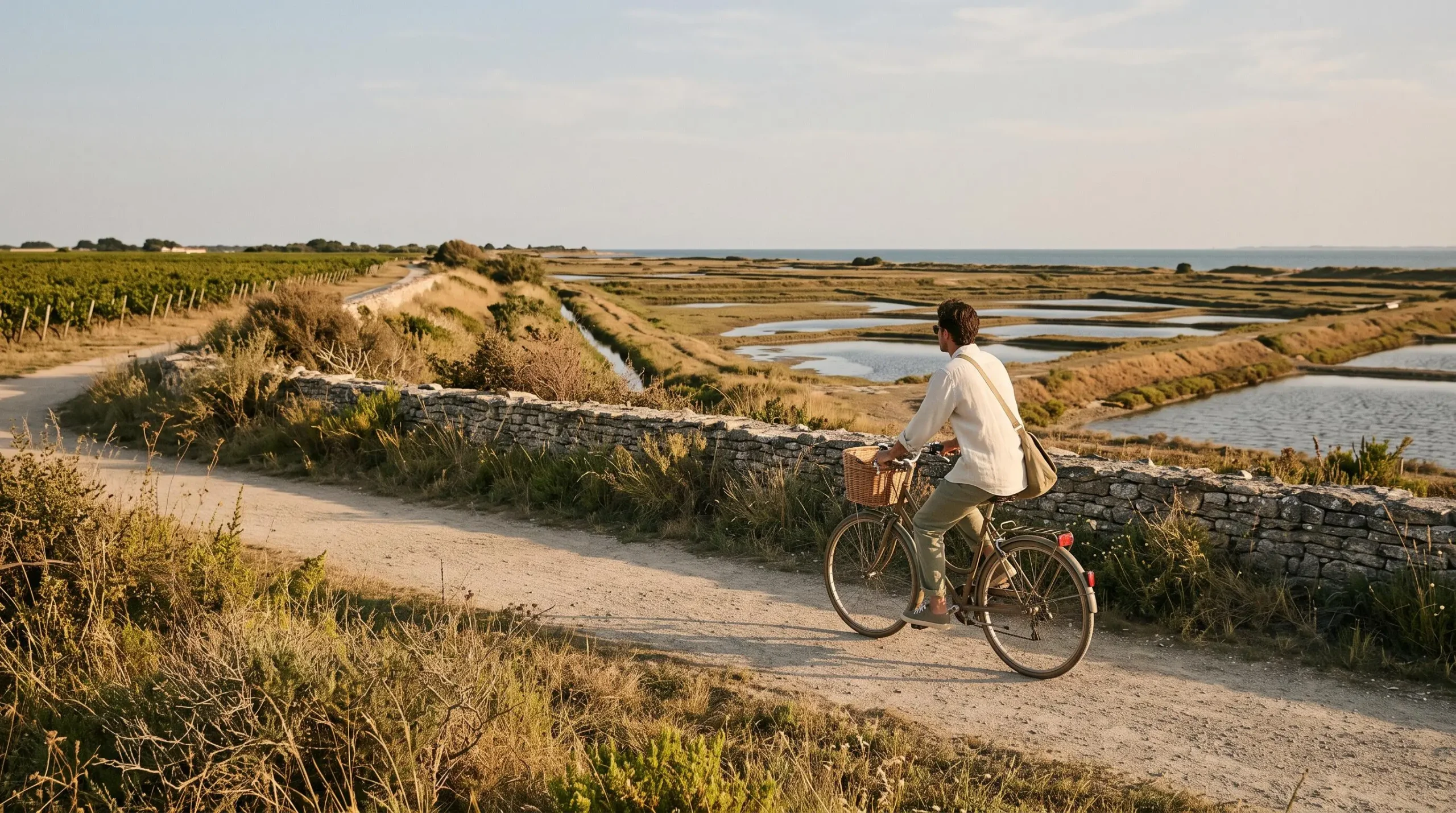 A cyclist riding a coastal path between vineyards and salt marshes on Île de Ré.