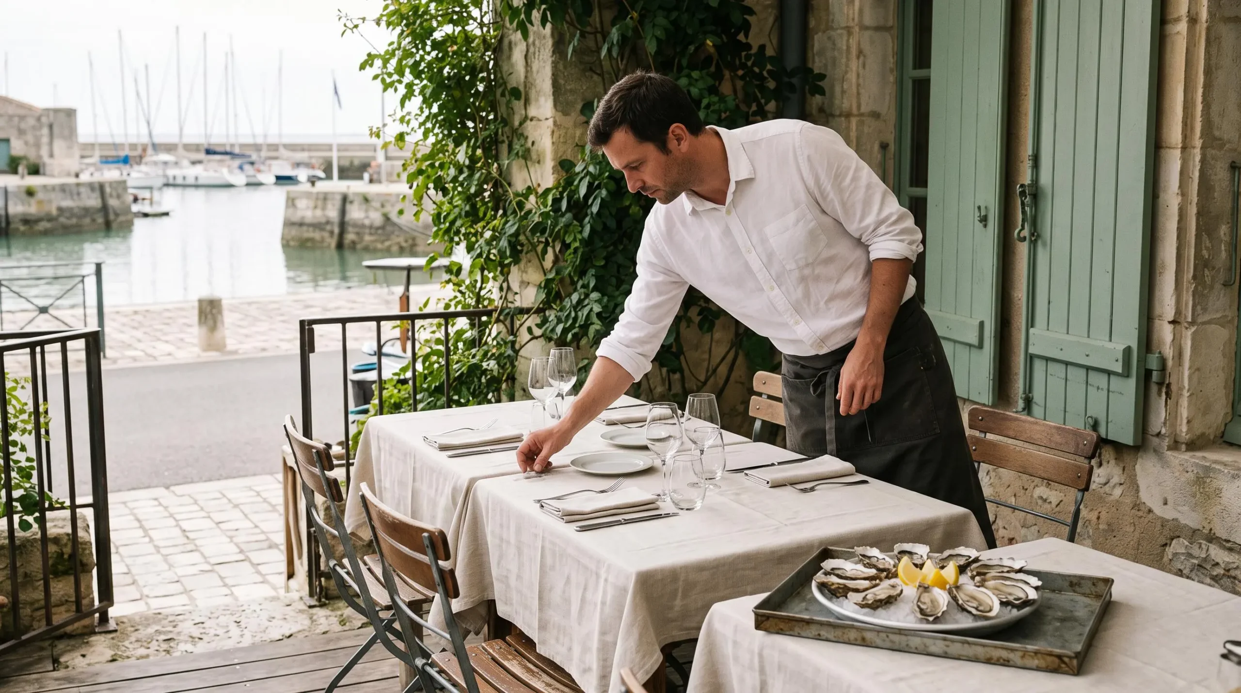 A waiter arranging a terrace table at a seafood restaurant in La Flotte.