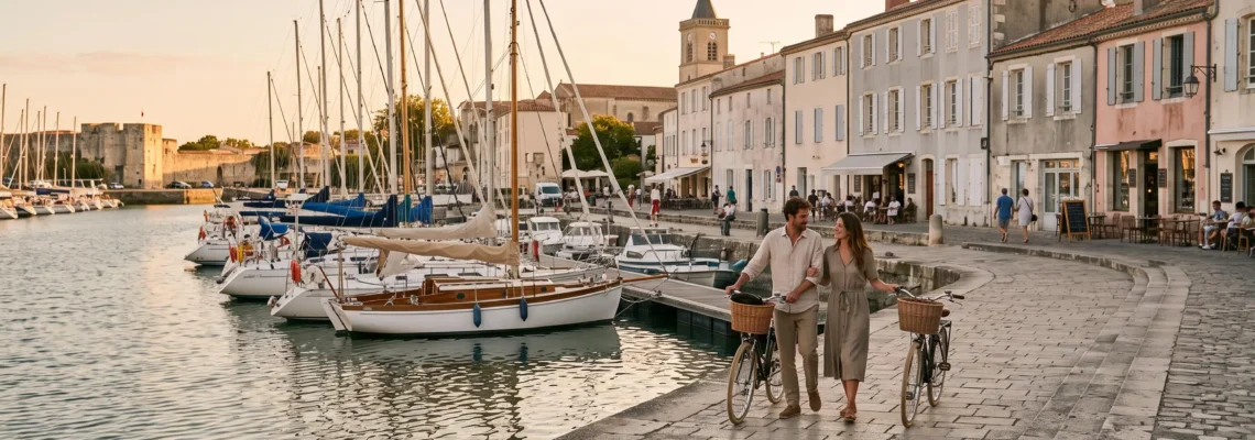 The harbour of Saint-Martin-de-Ré at golden hour with sailboats and stone quays.