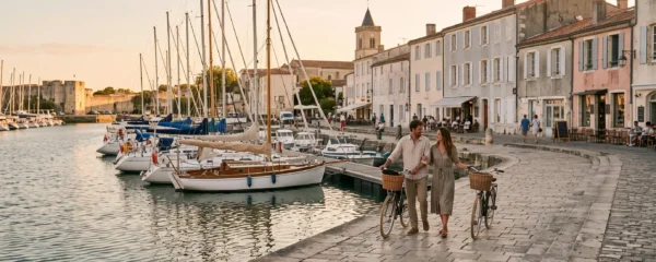 The harbour of Saint-Martin-de-Ré at golden hour with sailboats and stone quays.